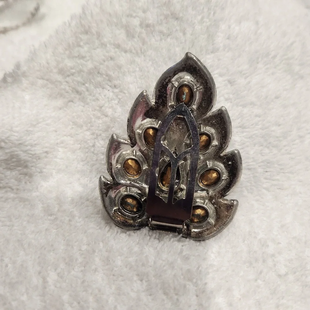 Vtg Silver‎ Tone Teal Blue Rhinestone Peacock Feather Dress Fur Clip pot metal